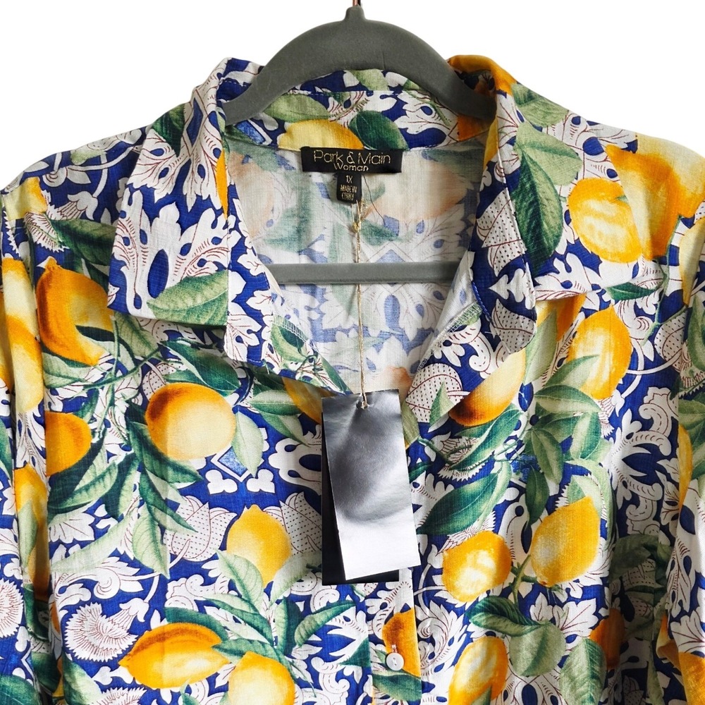 Park & Main Woman 1X Lemon Print Long Sleeve Button Up Tunic Top NWT - Picture 5 of 14